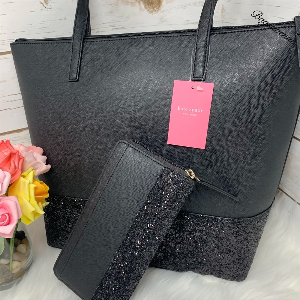 Glitter Kate spade penny Greta tote wallet black - Picture 2 of 8